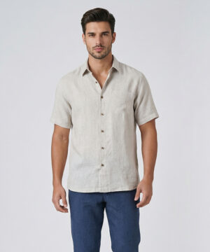 Envoy Linen Men's Beige Regular Fit Plain Shirt